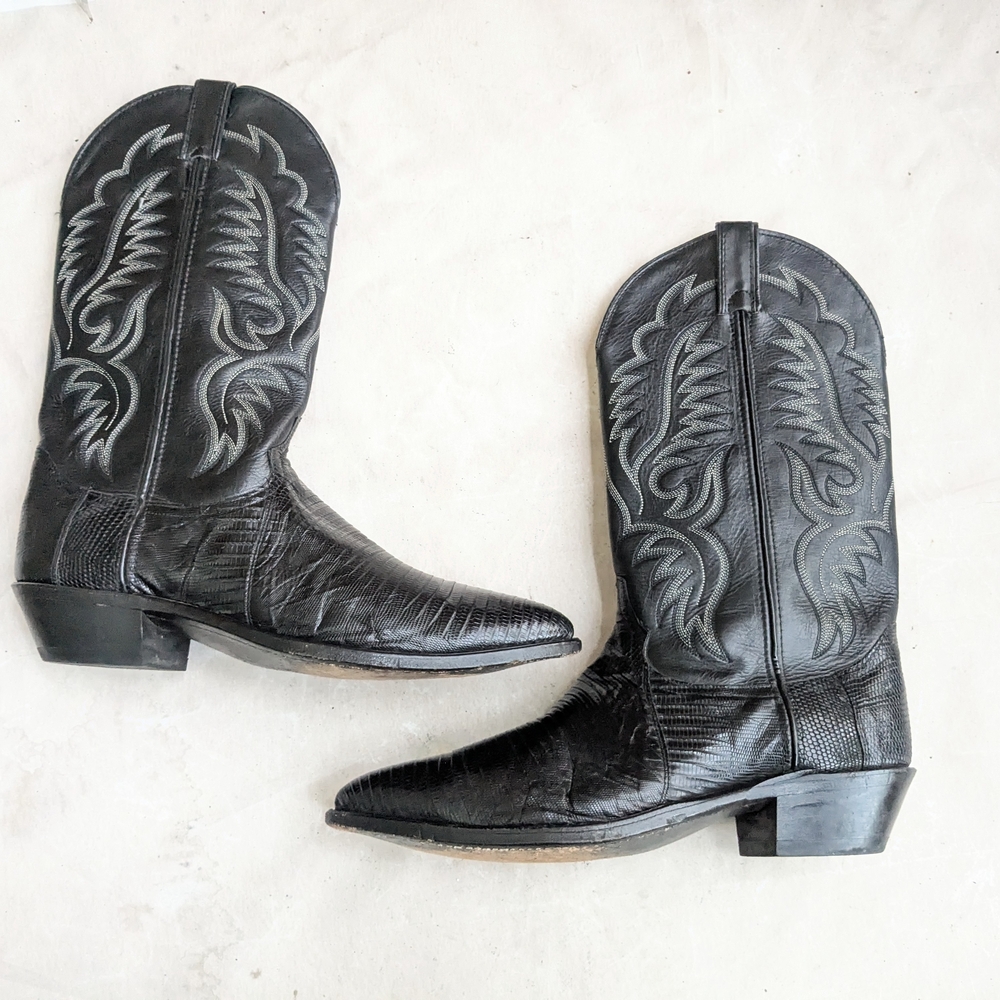 Code West Cowboy Boots Black Men 10.5 M Lizard Leather USA